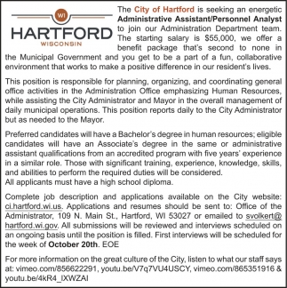 Administrative Assistant / Personnel Analyst, City of Hartford