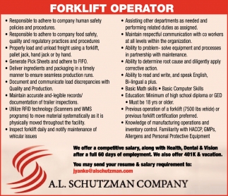 Forklift Operator A L Schutzman Company Waukesha Wi